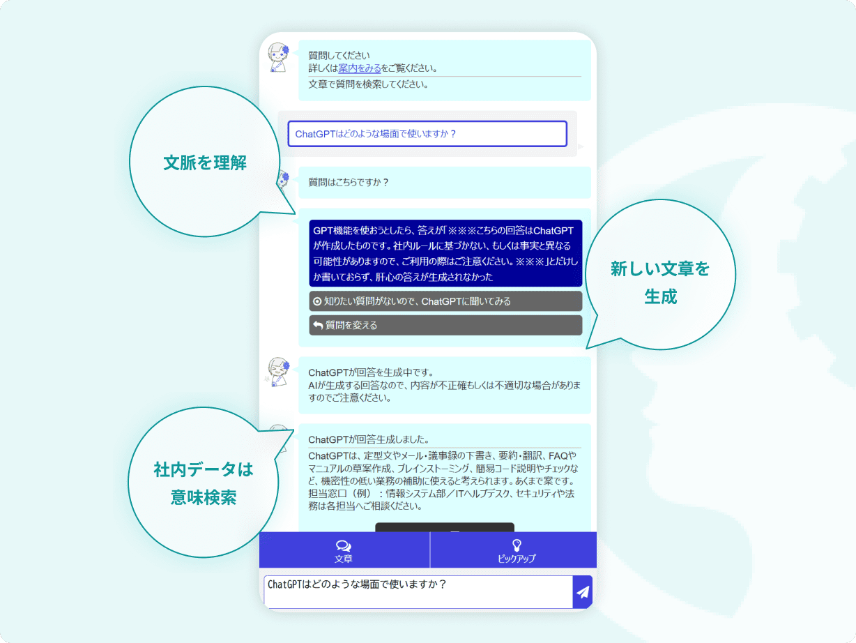 ChatGPTの利用場面に関する質問に対し、AIが文脈を理解し、社内データの意味検索や生成AIによって回答を作成する例。